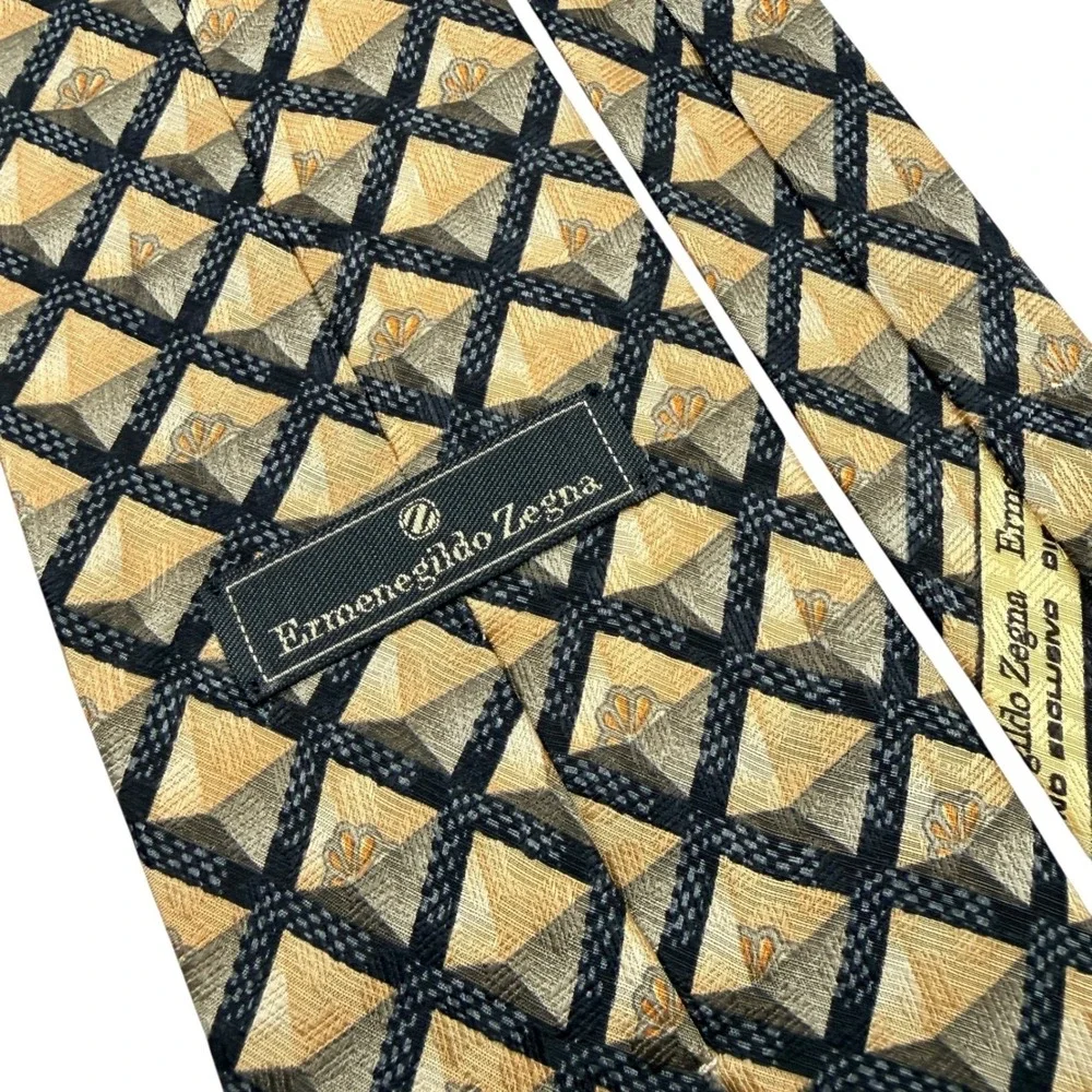 Ermenegildo Zegna Mens Silk‎ Neck Tie Gold Black Geometric Pyramid Made in Italy